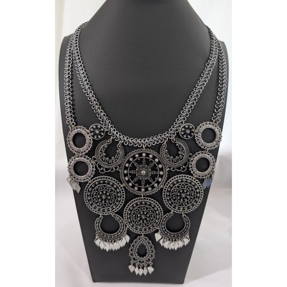 CHICO'S Antique Silver Large Bib Statement Necklace 23" With 6" Drop - Pre-owned